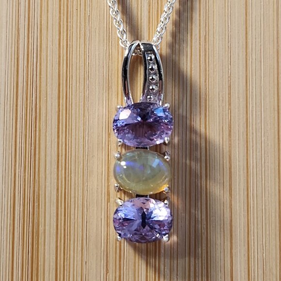 NIB Natural Ethiopian Welo Opal & Genuine Tanzanite Necklace 925 16" Necklace - Picture 5 of 12